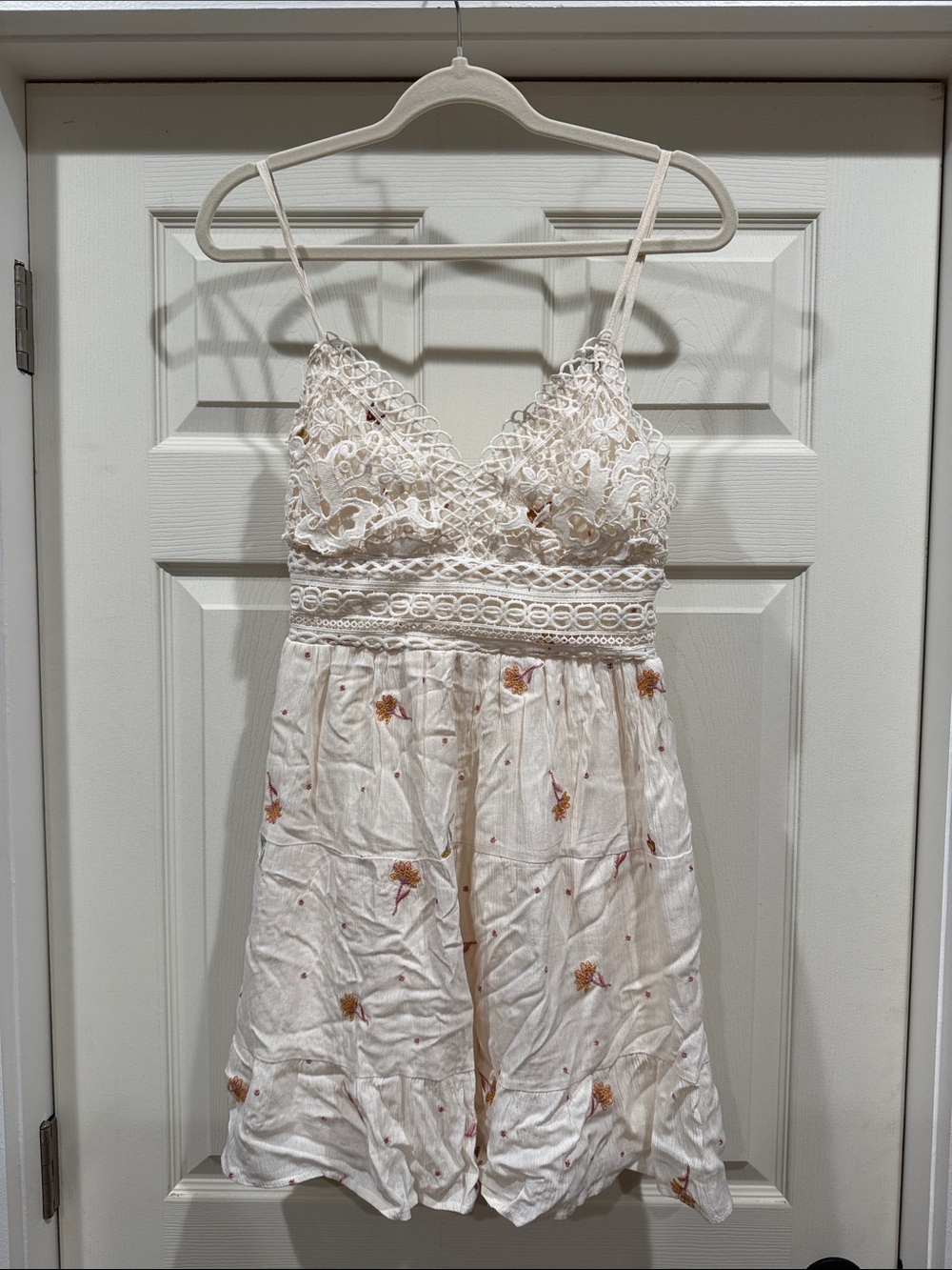 Altar'd State Cream Lace-Trim Floral Mini Dress